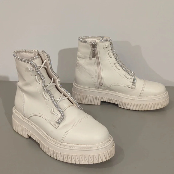 Schutz Boots Amirah Pearl Combat Boots Size 6.5‎ Leather with Crystal Trim - Picture 1 of 11
